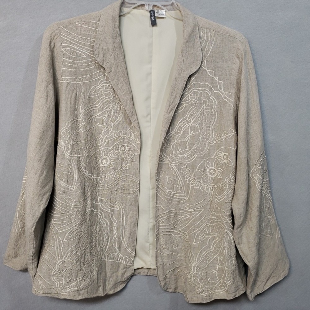 Anu 100% Linen Blazer Floral Embroidered XL Women's Split Sleeve Quiet Luxury